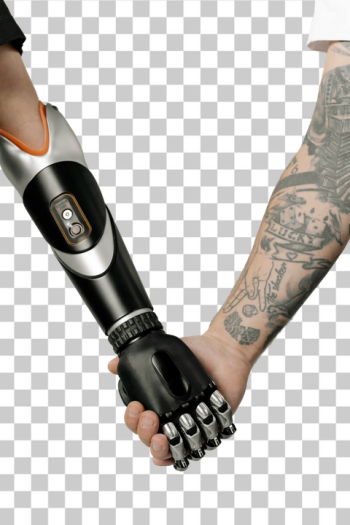 PNG Futuristic Prosthetic Hand Shaking with Human Hand PNG Futuristic Prosthetic Hand Shaking with Human Hand