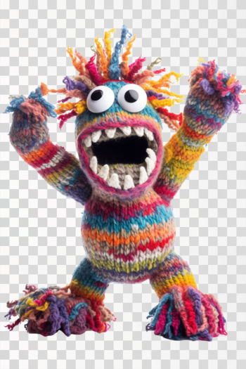 PNG image of colorful standing knitted monster with hands raised high in the air