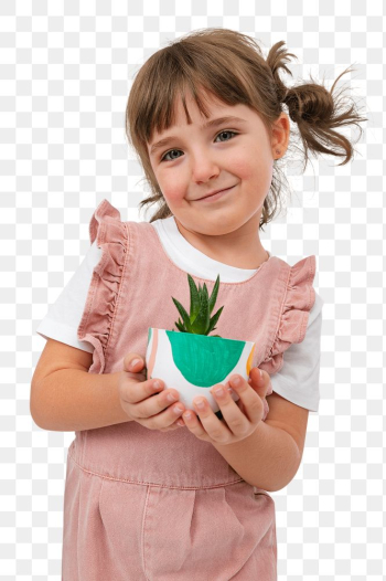 Png little girl mockup with small potted aloe… | Free stock illustration | High Resolution graphic