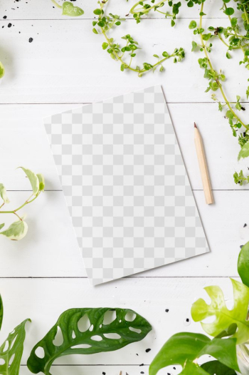 Png paper mockup on wooden table with plants… | Free stock illustration | High Resolution graphic