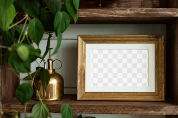 Png picture frame mockup on wooden shelf with… | Free stock illustration | High Resolution graphic