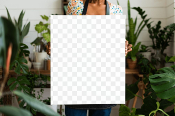 Png sign mockup held by plant lady | Free stock illustration | High Resolution graphic