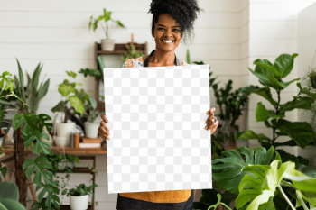 Png sign mockup held by plant lady | Free stock illustration | High Resolution graphic