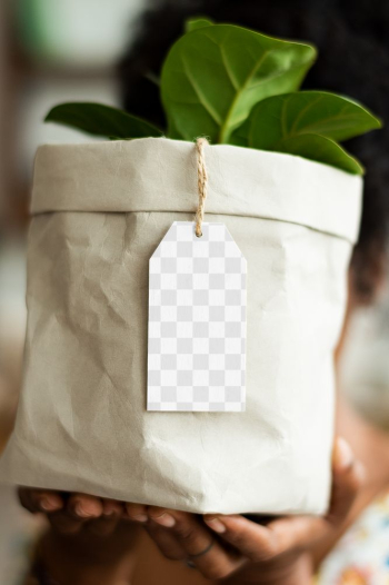 Png tag mockup on houseplant bag | Free stock illustration | High Resolution graphic