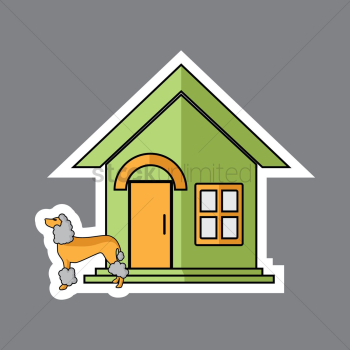 Poodle dog in front of the house Poodle dog in front of the house