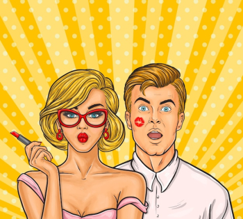 Pop art sexy woman with red lipstick kissed a man
