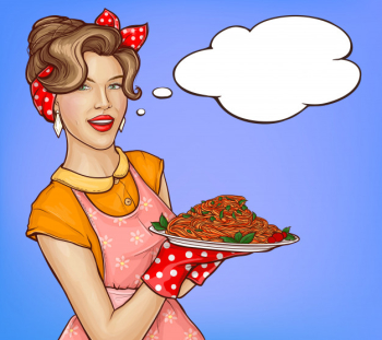 Pop art woman holding tray with pasta and sauce illustration Free Vector Pop art woman holding tray with pasta and sauce illustration Free Vector