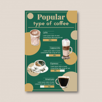 Popular type of coffee cup, americano, cappuccino, espresso, infographic watercolor illustration Free Vector