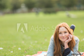 Portrait carefree young woman relaxing on blanket in park