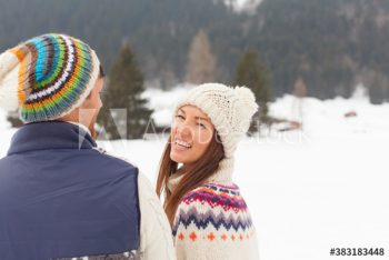 Portrait happy couple in snow Portrait happy couple in snow