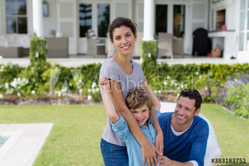 Portrait happy family in backyard Portrait happy family in backyard