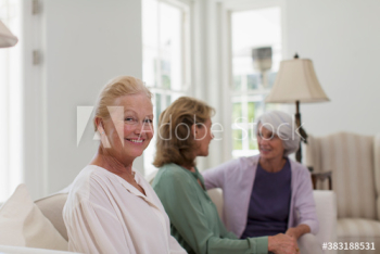 Portrait happy senior woman with friends in living room Portrait happy senior woman with friends in living room