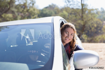 Portrait happy woman driving car Portrait happy woman driving car