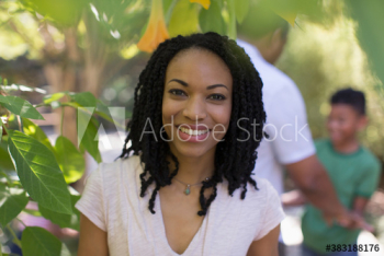 Portrait happy woman in backyard Portrait happy woman in backyard