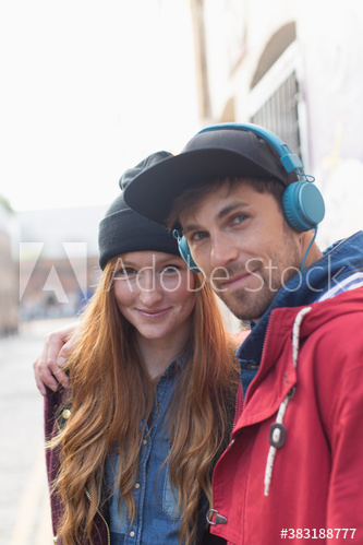 Portrait happy young man and woman on street Portrait happy young man and woman on street