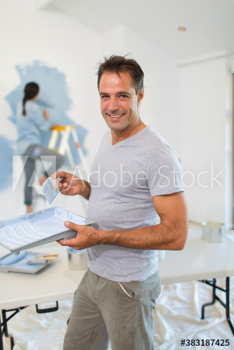 Portrait smiling man with paint tray painting Portrait smiling man with paint tray painting