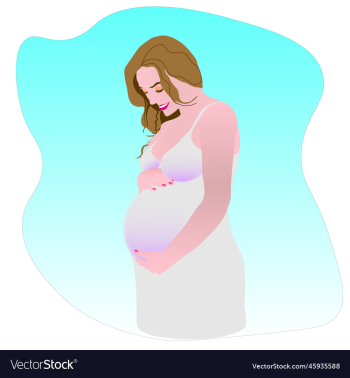 pregnant woman in a white dress on a blue