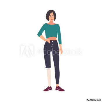 Pretty young woman with prosthetic lower limb isolated on white background