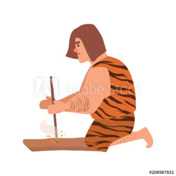 Primitive archaic man or caveman dressed in skin clothes lighting fire through friction by grinding piece of wood or hand drilling