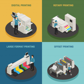 Printing house 4 isometric icons Free Vector Printing house 4 isometric icons Free Vector