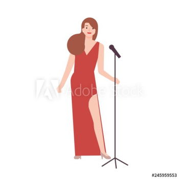Professional jazz singer, vocalist or songstress wearing elegant red evening dress and holding microphone stand