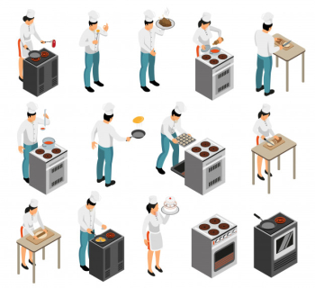 Professional kitchen range equipment cook chef food preparation waiter service isometric character set isolated vector illustration Free Vector