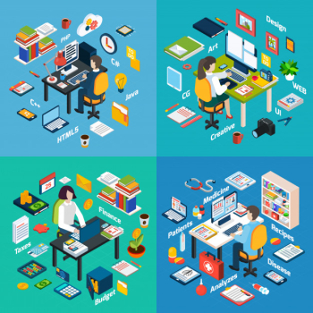 Professional workplace isometric icons square Professional workplace isometric icons square