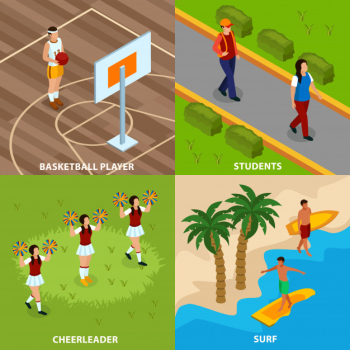 Professions of people isometric concept with basketball player and surfers cheerleaders and students isolated Free Vector