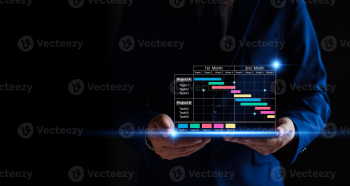 Project manager working on tablet and updating tasks and milestones progress planning with Gantt chart scheduling interface for company on virtual screen. Business Project Management System.