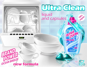 Promotion banner of liquid cleaner and capsules for dishwasher. Plastic bottle with detergent