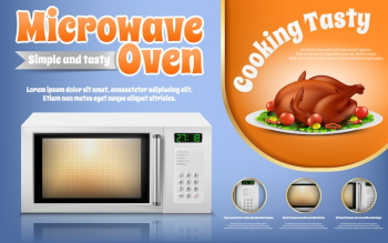 Promotion banner with realistic white microwave oven and roast chicken with vegetables 