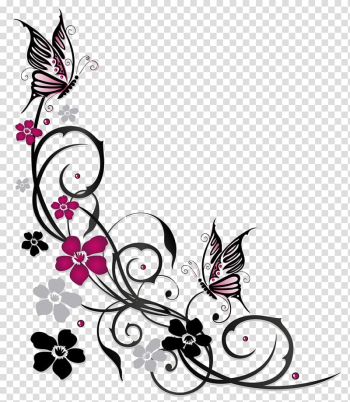 Purple and black swirl flowers borderline illustration, Butterfly Flower Ornament, flowers butterfly border transparent background PNG clipart