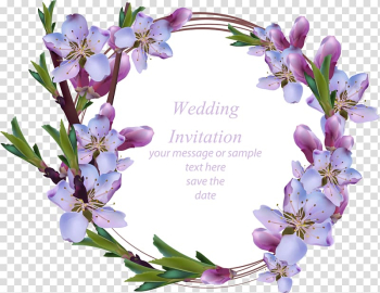 Purple and pink cherry blossoms wedding invitation illustration, Wedding invitation Flower Wreath illustration Euclidean , hand painted purple wreath transparent background PNG clipart