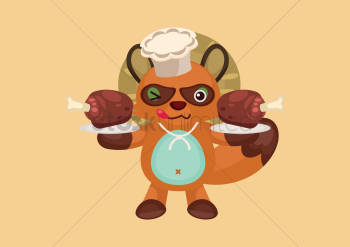 Raccoon with a chef hat holding two meals Raccoon with a chef hat holding two meals