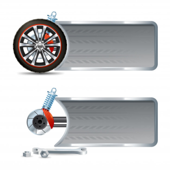 Racing horizontal banner set with realistic wheel tire and car repair elements isolated vector illustration Free Vector