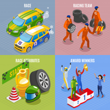 Racing sports concept icons set with racing team and award winners symbols isometric isolated Free Vector