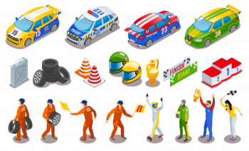 Racing sports icons set with racing team symbols isometric isolated Free Vector