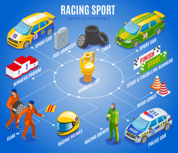 Racing sports isometric flowchart with sport car and team symbols isometric Free Vector