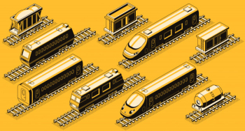 Railroad transport, train elements isometric set. 