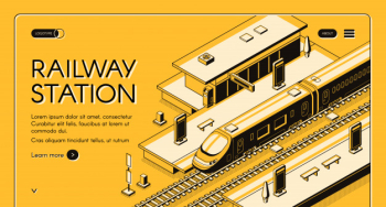 Railway station web banner with high-speed express train stopping