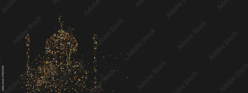 Ramadan background. Design is sand with golden squeak of mosque silhouette. black pattern with bright sequins loose gold. Arabic calligraphic text of Ramadan Kareem