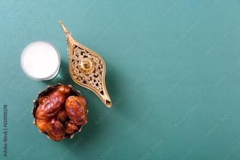 Ramadan, Dates in golden bowl, Milk, arabian Aladdin golden lamp vintage style