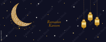 Ramadan night gold moon, crescent and stars. Traditional lantern Ramadan template design