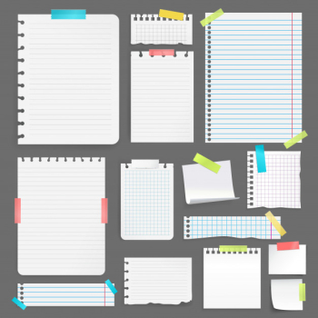 Realistic blank paper sheets on different size and shape stuck with colorful tape on grey background isolated vector illustration Free Vector