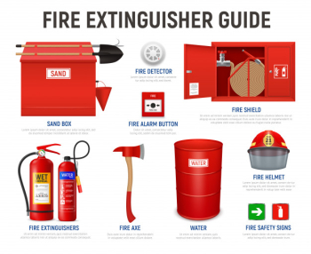 Realistic fire extinguisher guide with editable text captions and isolated images of various fire fighting appliances  illustration Free Vector