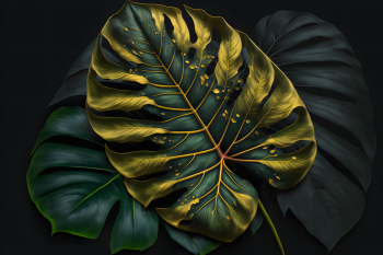 Realistic illustration of a bitropical leaves background with golden veins