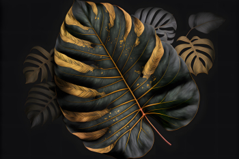 Realistic illustration of a bitropical leaves background with golden veins