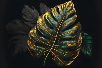 Realistic illustration of a bitropical leaves background with golden veins