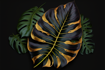 Realistic illustration of a bitropical leaves background with golden veins