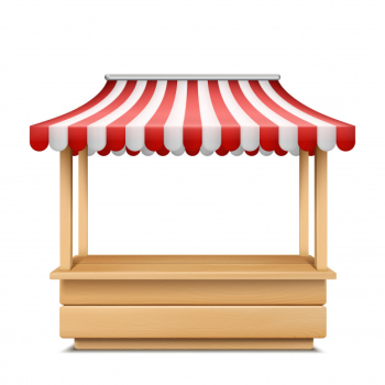 Realistic illustration of empty market stall with red and white striped awning Free Vector